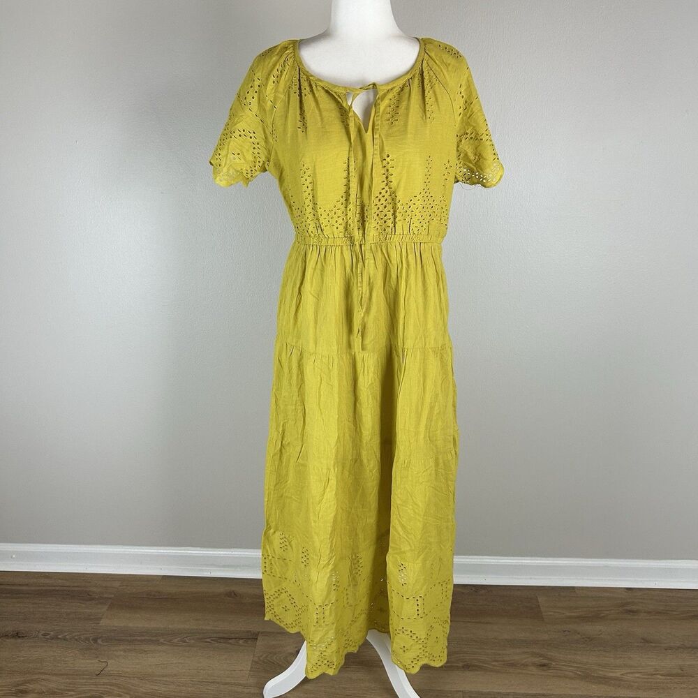 Peasant Tiered Maxi Dress XL Yellow Eyelet Tie Short Sleeve Peasant Boho Hippie